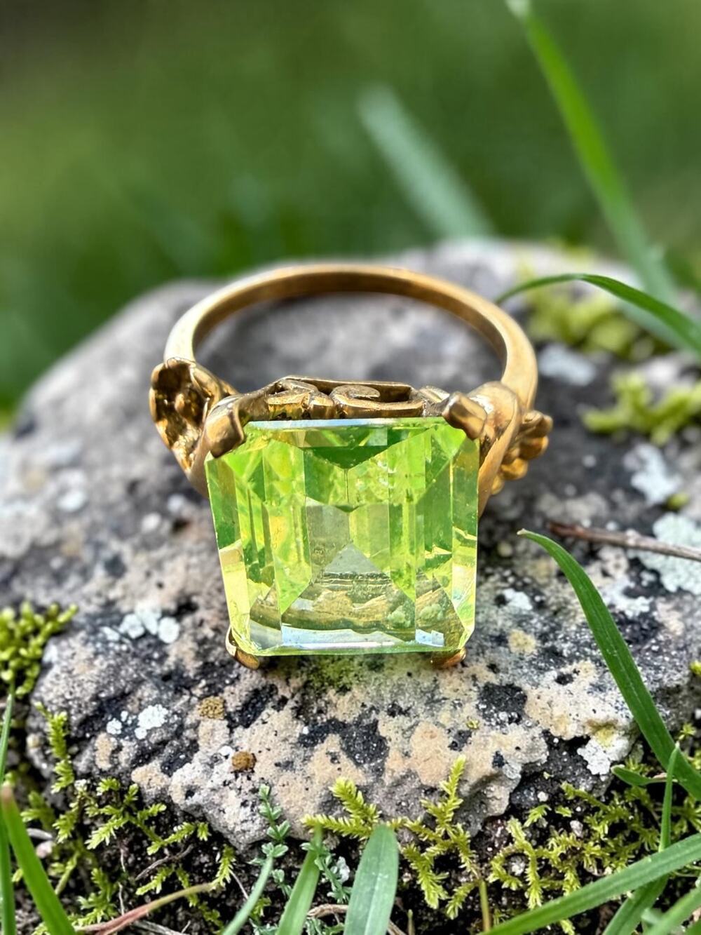 Vintage Gold Filled Green Uranium Glass Statement Ring Emerald Cut Stone Ornate